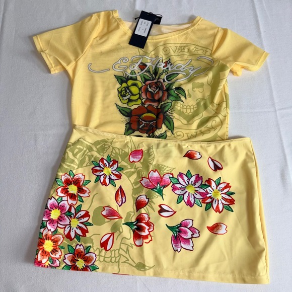 Ed Hardy Dresses & Skirts - Ed Hardy Skirt Set Yellow New Tattoo Mesh Rhinestone Y2K 2 Piece Top Mini Skirt